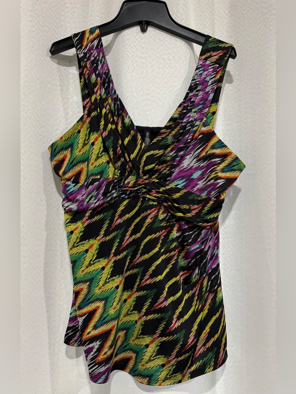Bisou Bisou Y2K Ruched V-Neck Tank Top Multicolor Zig Zag XL